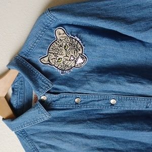 Mossimo Chambray Tiger Patch Button Down Long Sleeve Shirt Large